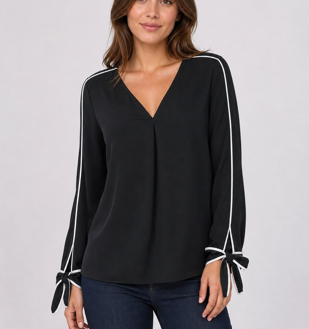 White House Black Market Women's Black V Neck Blouse White Trim Tie Sleeve Top